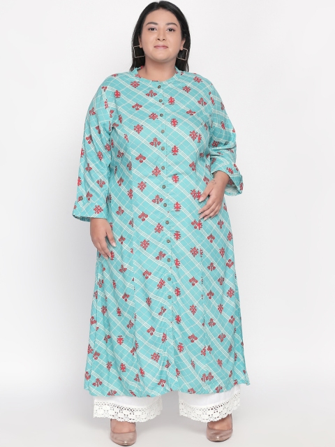 

RANGMANCH PLUS by Pantaloons Women Turquoise Blue & Red Floral Printed Straight Kurta