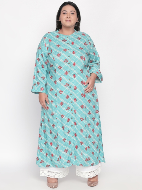 

RANGMANCH PLUS by Pantaloons Women Turquoise Blue and Rust Red Printed Straight Kurta