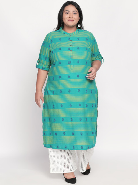 

RANGMANCH PLUS by Pantaloons Women Teal Green and Blue Striped Straight Kurta