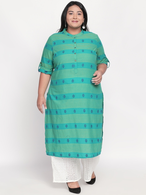 

RANGMANCH PLUS by Pantaloons Women Teal Green and Blue Striped Straight Kurta