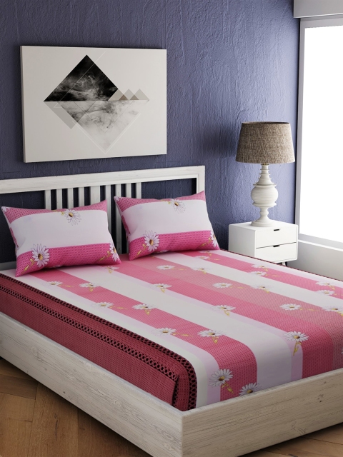 

EverHOME Pink and White Floral 144 TC Cotton 1 Queen Bedsheet with 2 Pillow Covers