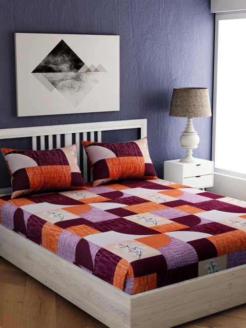 

EverHOME Beige and Orange Geometric 144 TC Cotton 1 Queen Bedsheet with 2 Pillow Covers