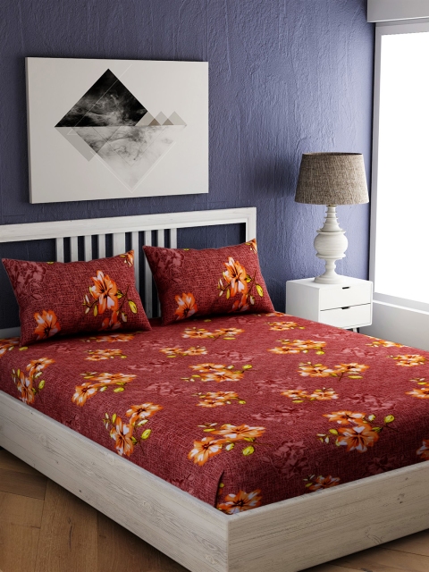 

EverHOME Brown and Orange Floral 144 TC Cotton 1 Queen Bedsheet with 2 Pillow Covers