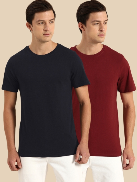 

ether Men Pack of 2 Red/ Navy Solid Round Neck Pure Cotton T-shirt