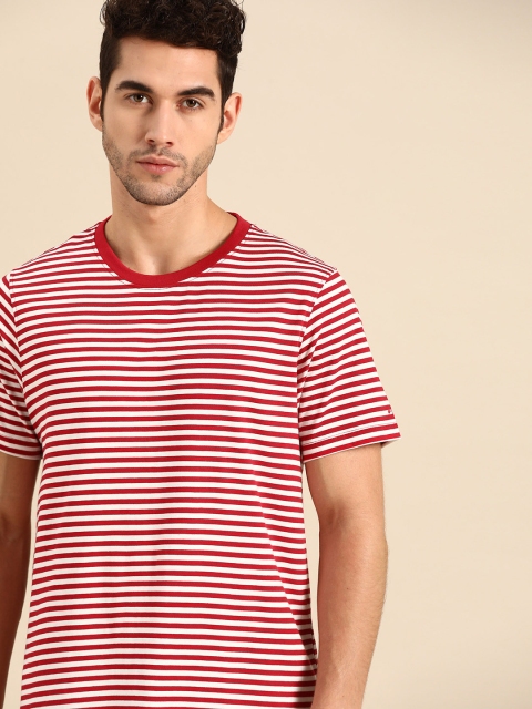 

ether Men Red White Striped Round Neck Pure Cotton T-shirt