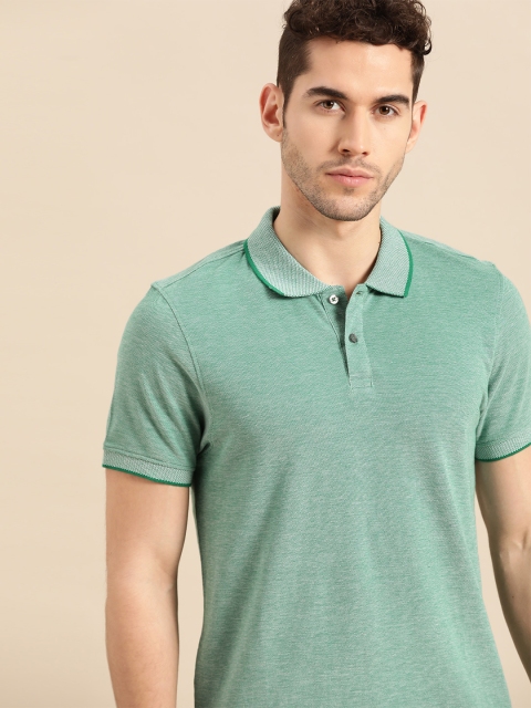

ether Men Green Solid Polo Collar Pure Cotton T-shirt