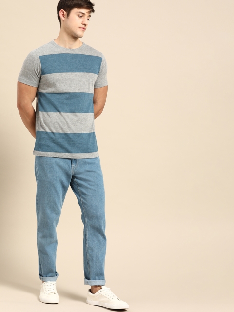 

ether Men Grey Melange & Blue Striped Round Neck T-shirt