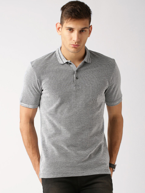 

ether Men Charcoal Grey & White Self-Design Polo Collar T-shirt