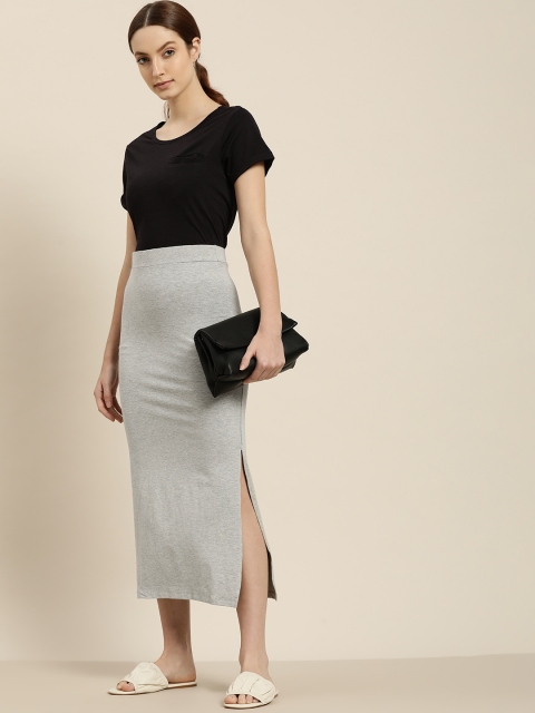 

ether Women Grey Melange Solid Midi Pencil Skirt With Side Slit