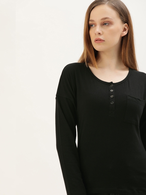 

ether Women Black Solid Henley Neck T-shirt