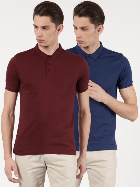 

ether Men Pack of 2 Navy Blue Maroon Solid Polo Collar Pure Cotton T-shirt