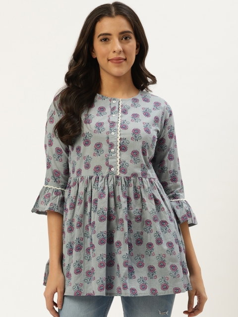 

Nayo Women Grey & Pink Floral Pure Cotton Print A-Line Kurti