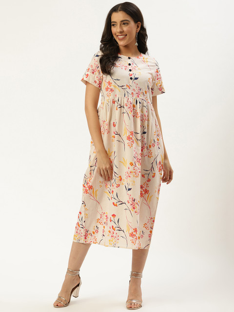 

Nayo Women Off-White & Peach-Coloured Floral Printed A-Line Dress
