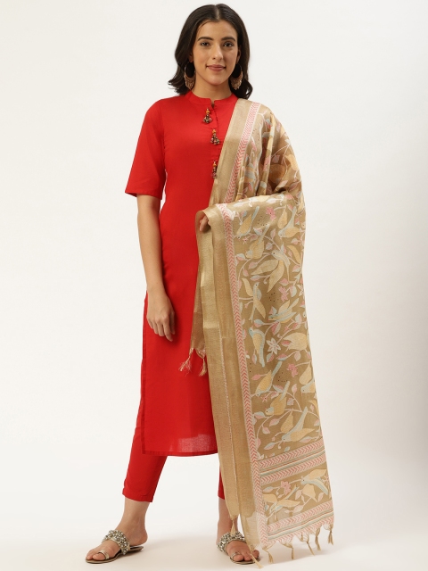

Nayo Women Red & Beige Solid Kurta with Trousers & Dupatta