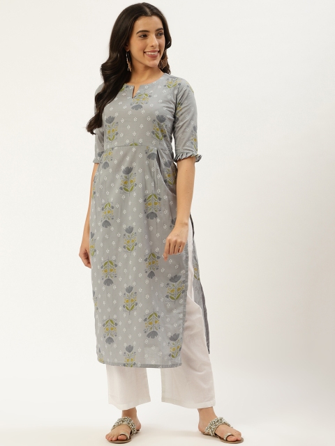 

Nayo Women Grey & White Ethnic Printed Straight Kurta