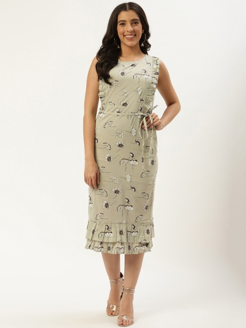 

Nayo Women Green & White Ruffled Floral Printed Sheath Dress With Belt