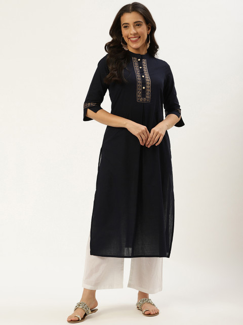 

Nayo Women Navy Blue Solid Straight Kurta