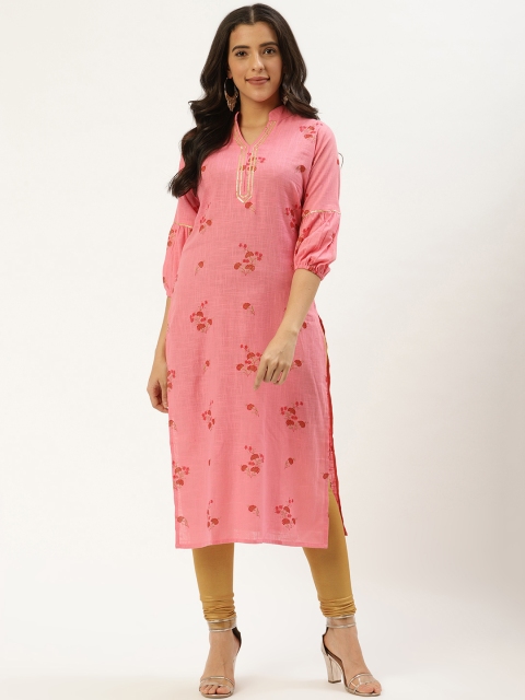 

Nayo Women Pink & Red Floral Print Straight Kurta