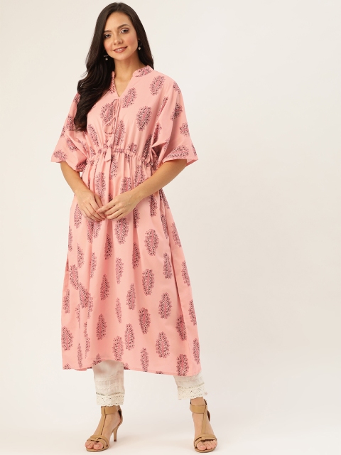 

Nayo Women Pink & Burgundy Floral Print Kaftan Kurta with Tie-Ups