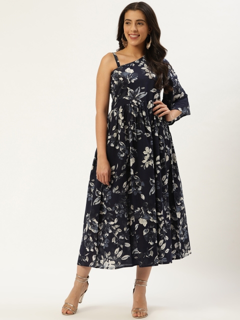 

Nayo Women Navy & Off-White Floral Print A-Line Dress, Navy blue