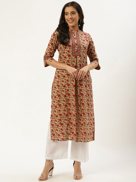 

Nayo Women Beige & Red Floral Print Straight Kurta