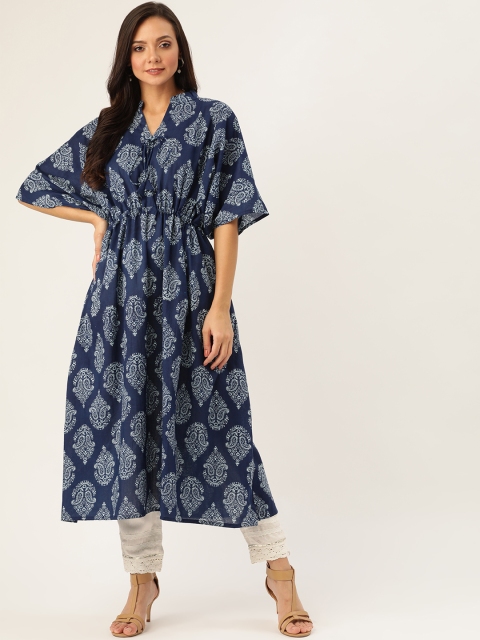 

Nayo Women Blue Ethnic Motifs Print Kaftan Kurta with Tie-Ups