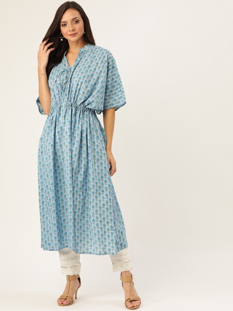 

Nayo Women Blue & Green Ethnic Motifs Print Kaftan Kurta withTie-Ups