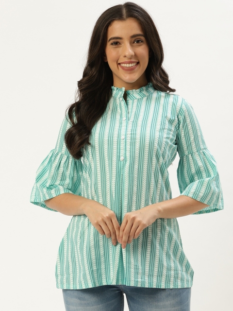 

Nayo Women Sea Green & White Striped A-Line Pure Cotton Top