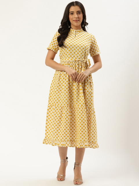 

Nayo Women White & Mustard Yellow Ruffled Printed A-Line Tiered Dress With Belt