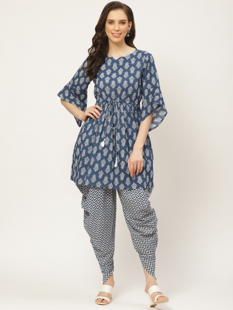 

Nayo Women Navy Blue & Off-White Ethnic Printed Kurta with Dhoti Pants