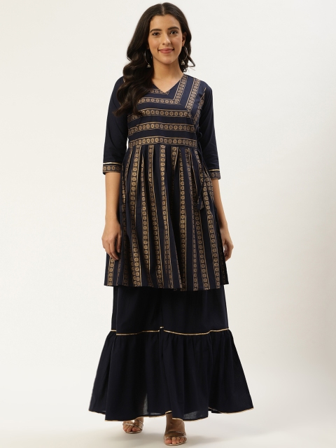 

Nayo Women Navy Blue & Golden Striped Angrakha Kurta with Sharara