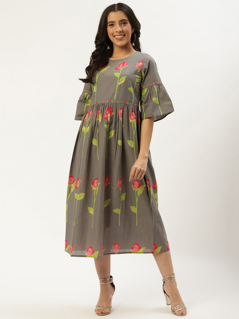 

Nayo Women Grey & Green Floral Print A-Line Dress