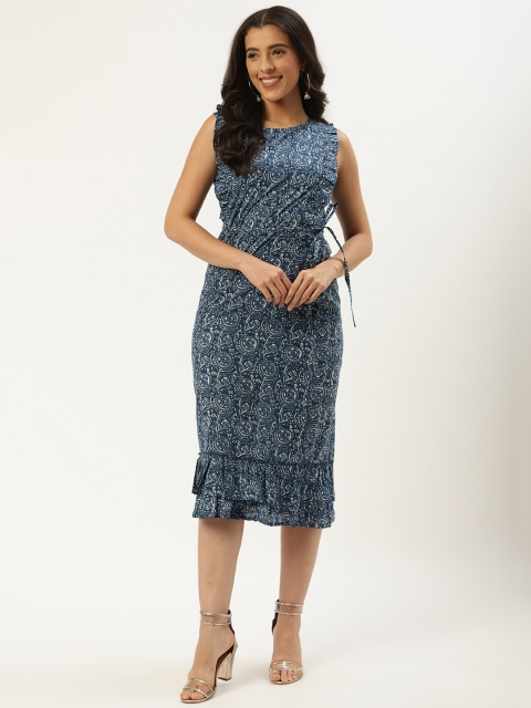 

Nayo Women Blue & White Ruffled Printed Sheath Dress With Belt