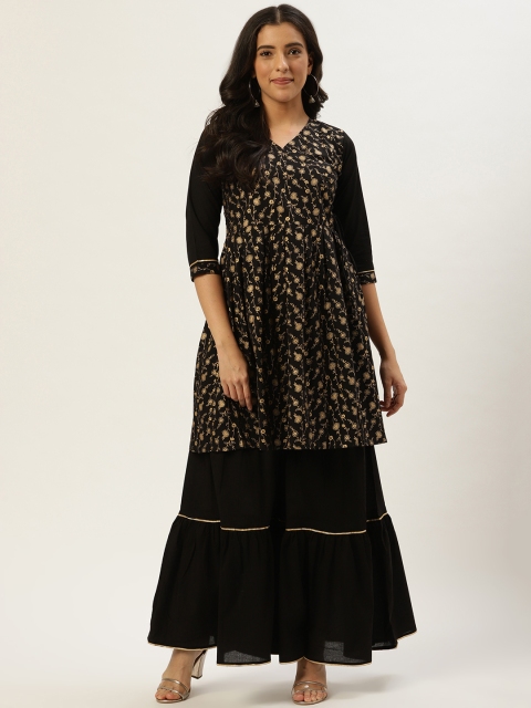 

Nayo Women Black & Goldend Printed Kurta with Sharara