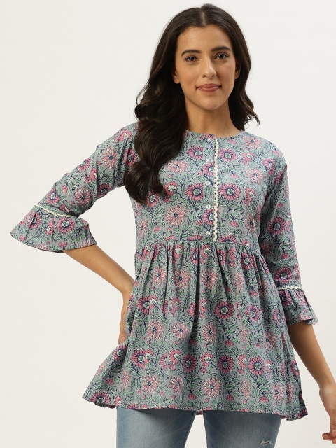 

Nayo Women Grey & Pink Floral Pure Cotton Print A-Line Kurti