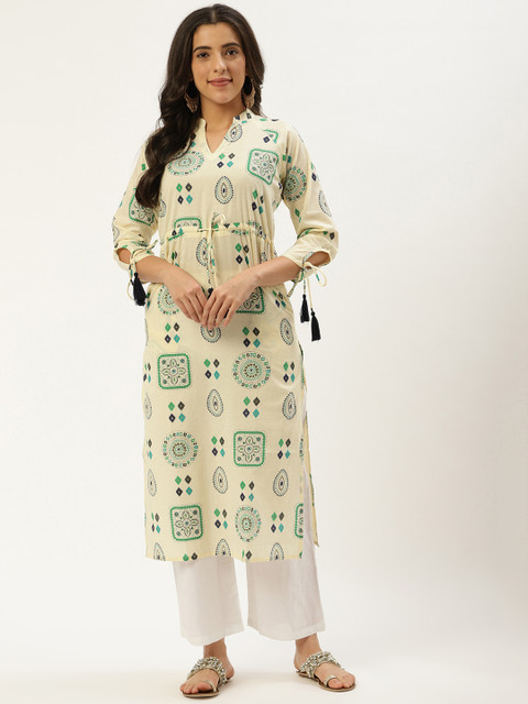 

Nayo Women Cream-Coloured & Green Printed Straight Kurta