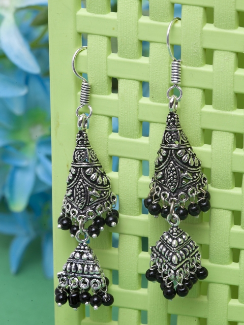 

Stoln Silver-Toned & Black Classic Drop Earrings