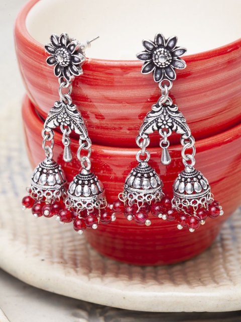 

Stoln Silver and Red Floral Oxidised Jhumkas