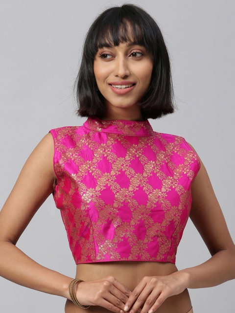 

Amrutam Fab Pink & Gold-Toned Silk Woven Design Saree Blouse