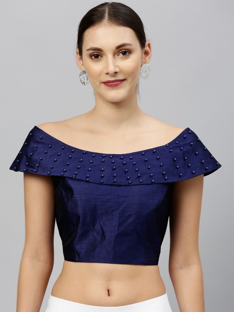 

Amrutam Fab Women Navy Blue Embellished Silk Saree Blouse With Boat Neck