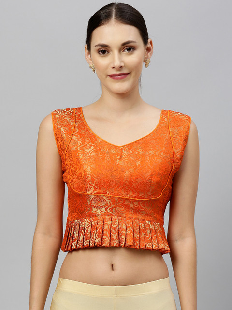 

Amrutam Fab Orange & Gold-Toned Jacquard Woven Design Saree Blouse With Pleated Detail