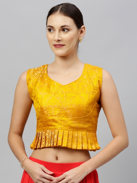 

Amrutam Fab Women Mustard Yellow & Gold-Toned Woven-Design Jacquard Saree Blouse