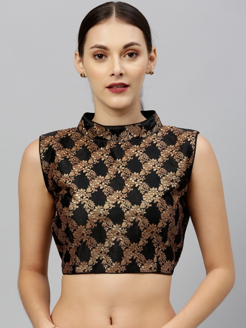 

Amrutam Fab Women Black & Golden Woven Design Styled Back Blouse