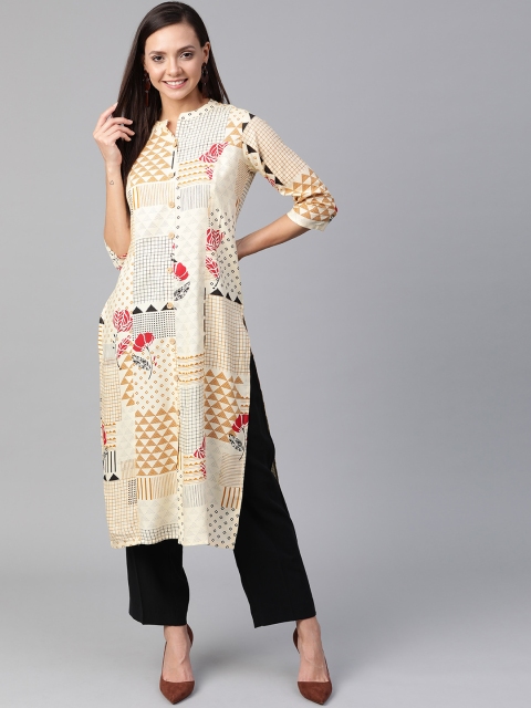 

Anubhutee Women Cream-Coloured & Mustard Brown Printed Straight Kurta