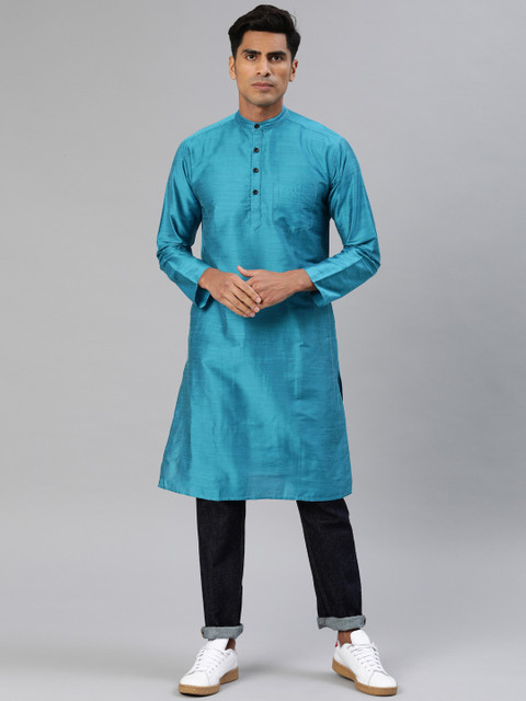 

Svanik Men Turquoise Blue Solid Straight Kurta
