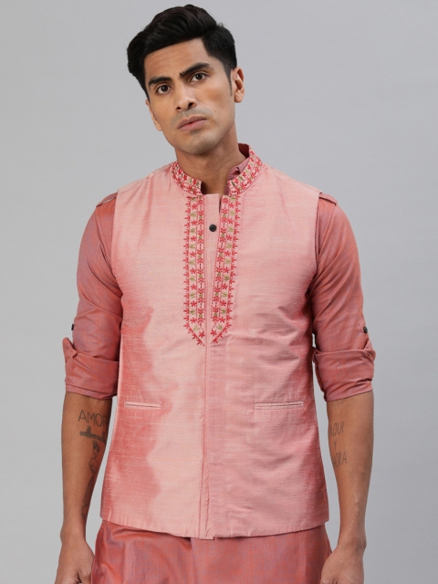 

Svanik Men Pink Solid Slim Fit Nehru Jacket with Embroidered