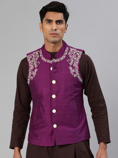 

Svanik Men Purple Embroidered Slim Fit Nehru Jacket
