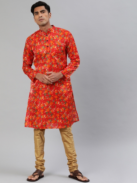 

Svanik Men Red & Green Floral Printed Straight Kurta