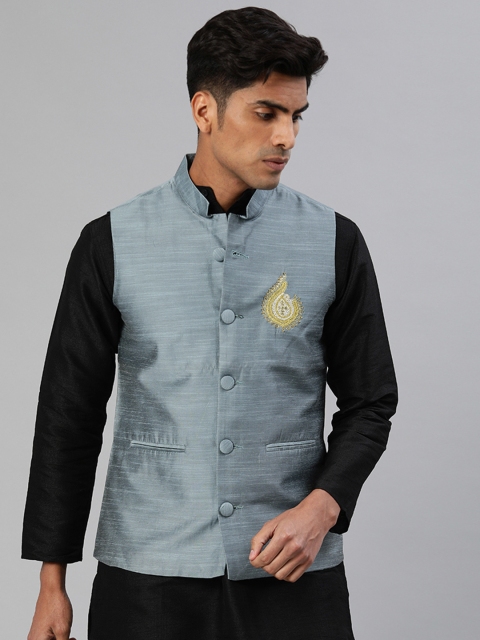 

Svanik Men Grey Solid Slim Fit Nehru Jacket