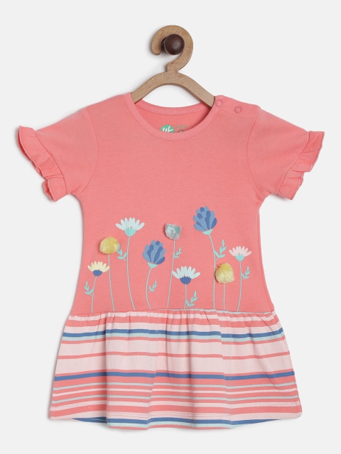 

YK Organic Girls Peach-Coloured Striped Drop-Waist Dress